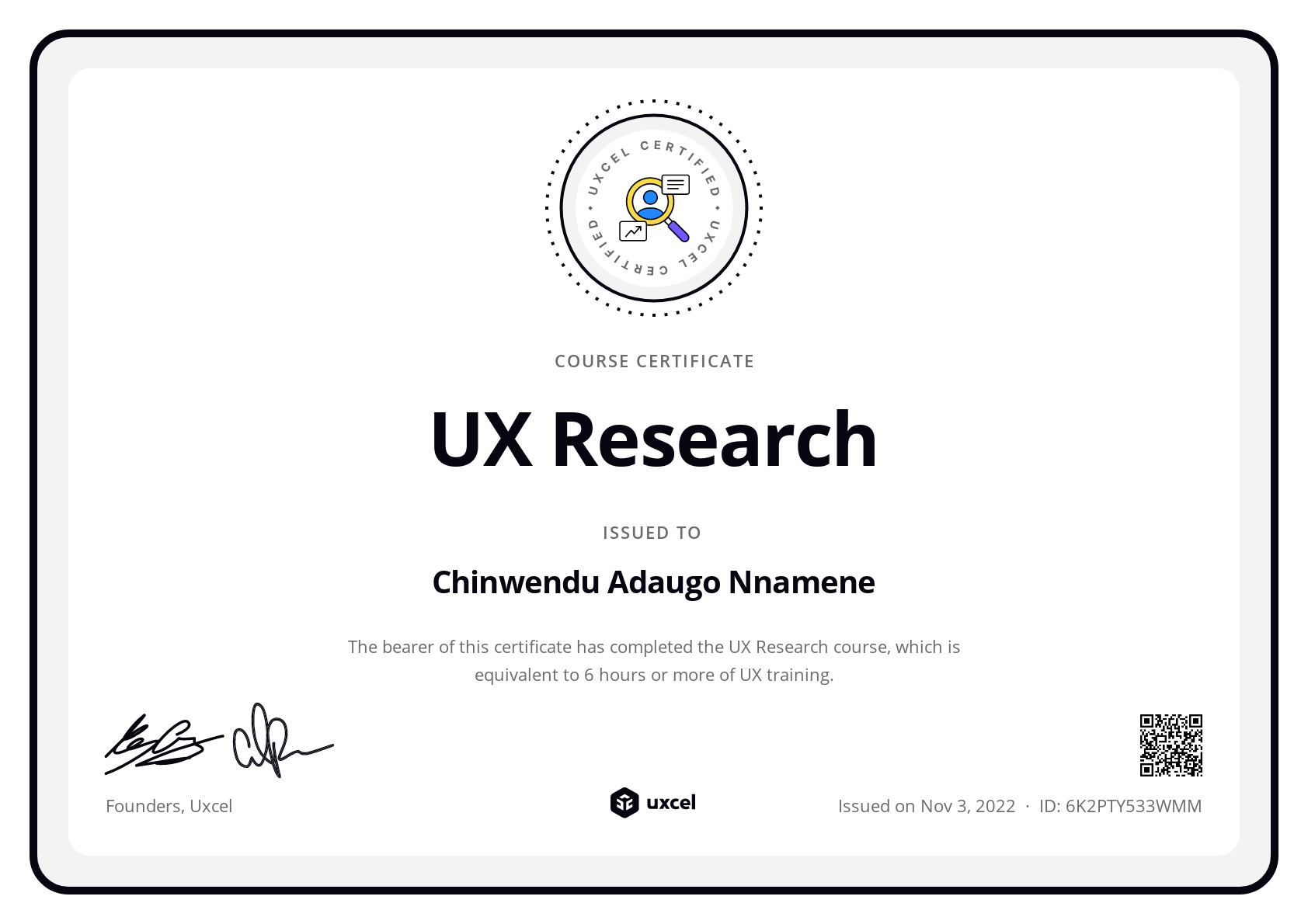 Chinwendu Adaugo Nnamene's certificate